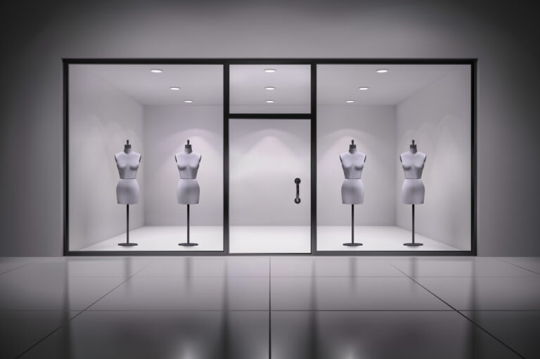Realistic 3d store showcase interior with mannequins background vector illustration